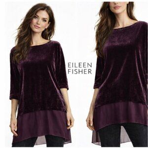 Eileen Fisher Raisinette Velvet Sheer Silk Tunic Hi Low Hem Bateau Neck medium